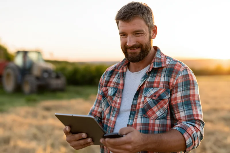 Farmer holding tablet in field with tractor in background during sunset