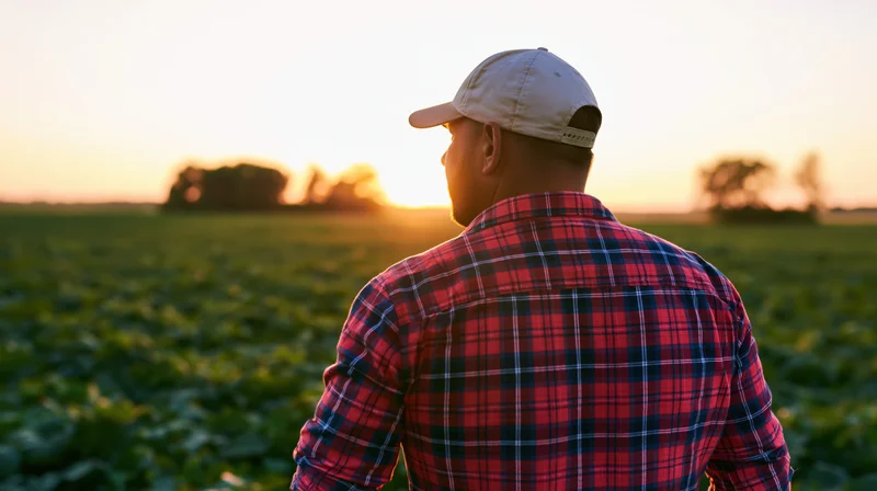 Man in plaid shirt and cap standing in a field at sunset, back to camera, facing horizon