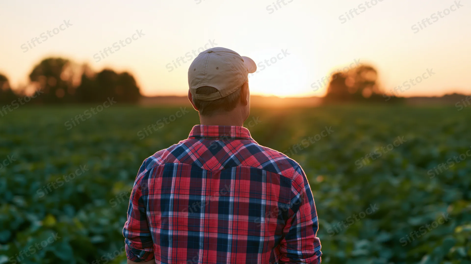 Man in plaid shirt and cap standing in a soybean field at sunset