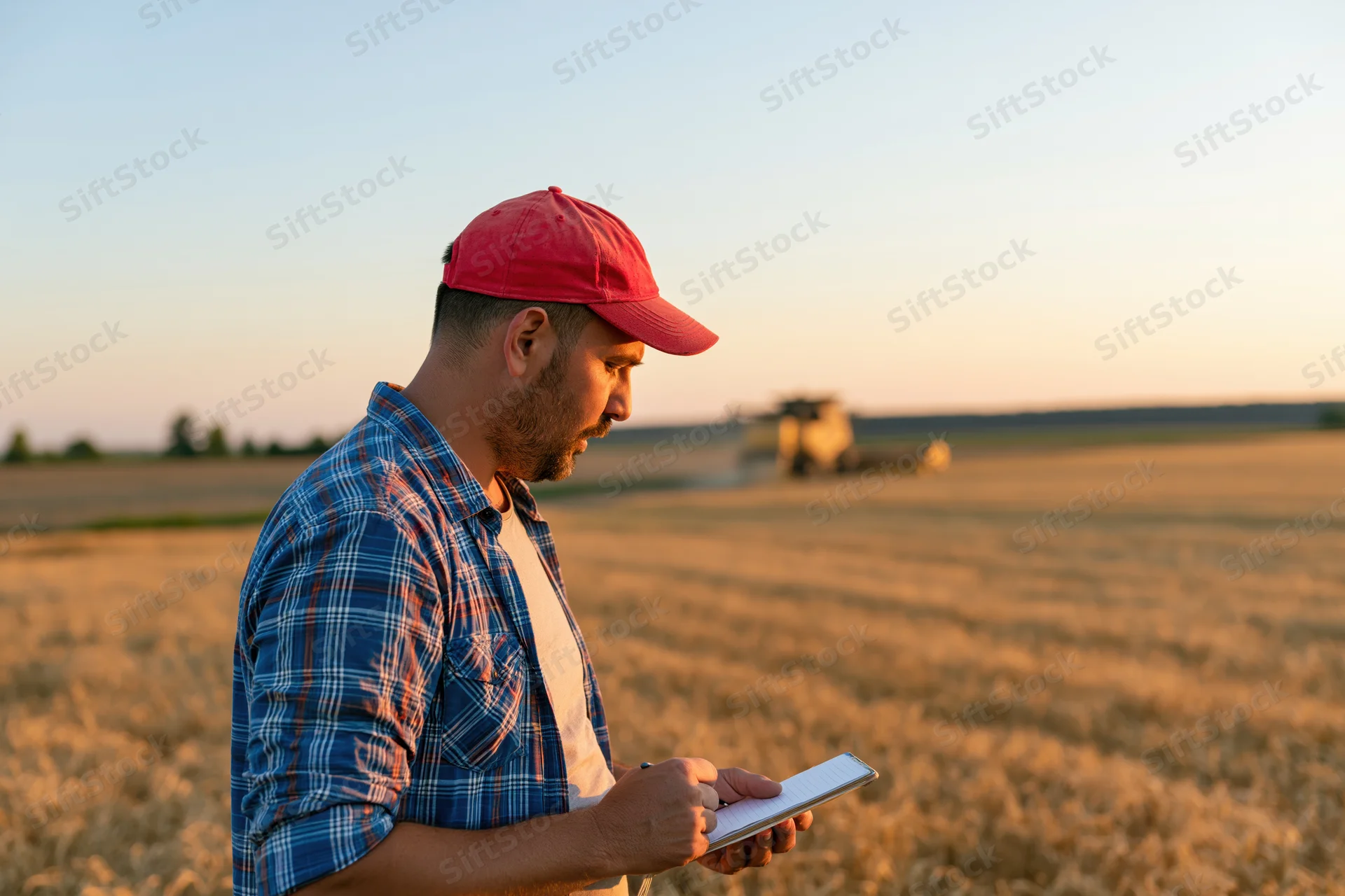 Farmer using tablet in wheat field during harvest with tractor in background