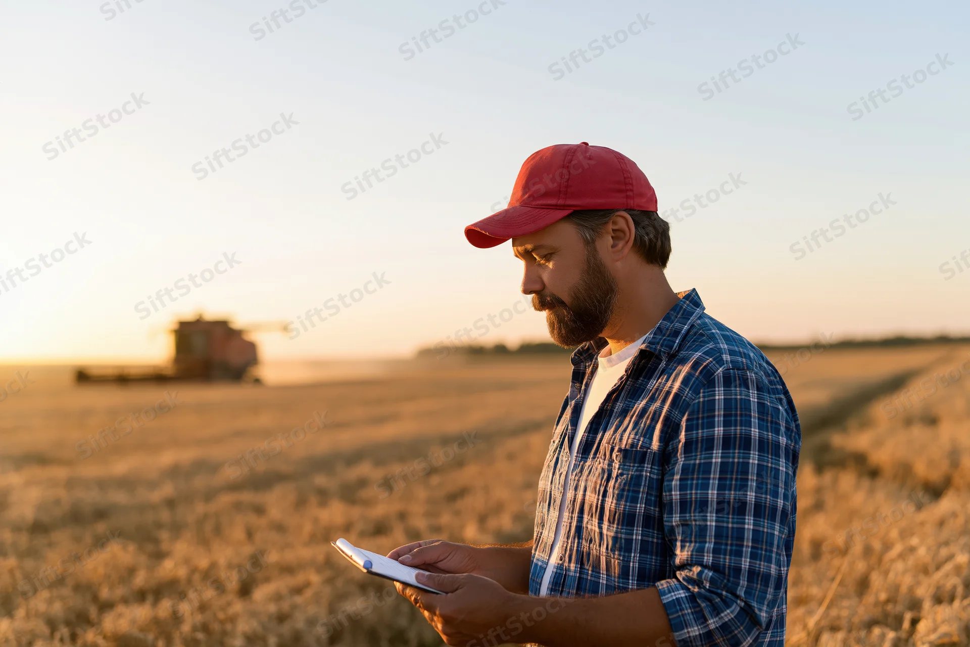 Farmer using smartphone in wheat field during harvest with combine harvester in background
