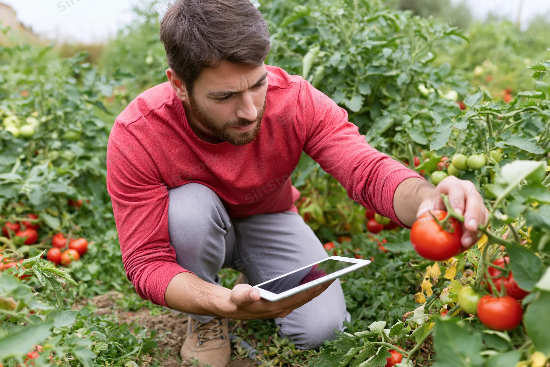 Man inspecting tomato plant with tablet in garden