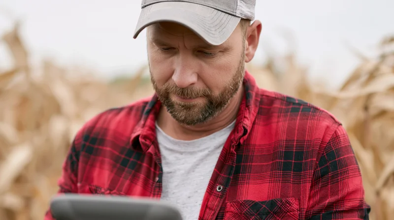 Farmer using tablet in cornfield during harvest season