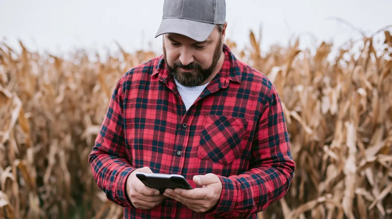 Farmer using smartphone in cornfield during harvest season