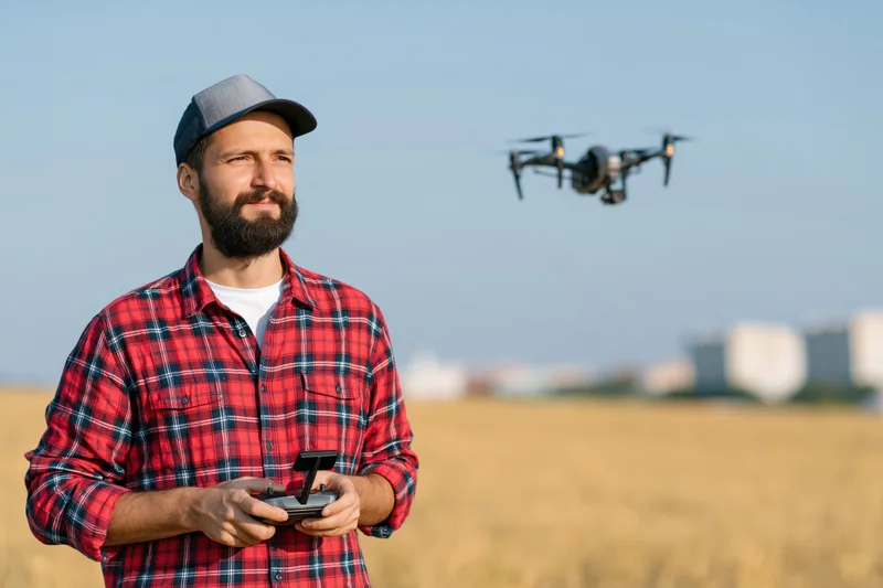 Man operating drone with remote control in a wheat field