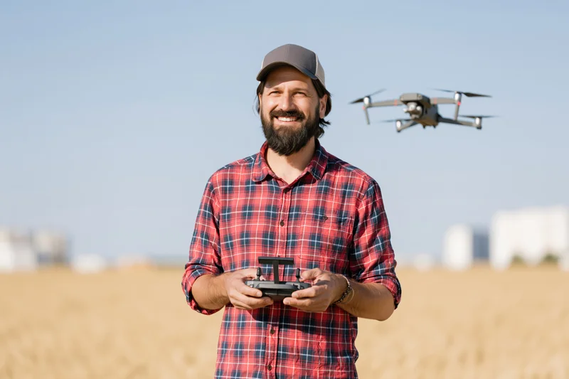 Man operating drone with remote control in a wheat field