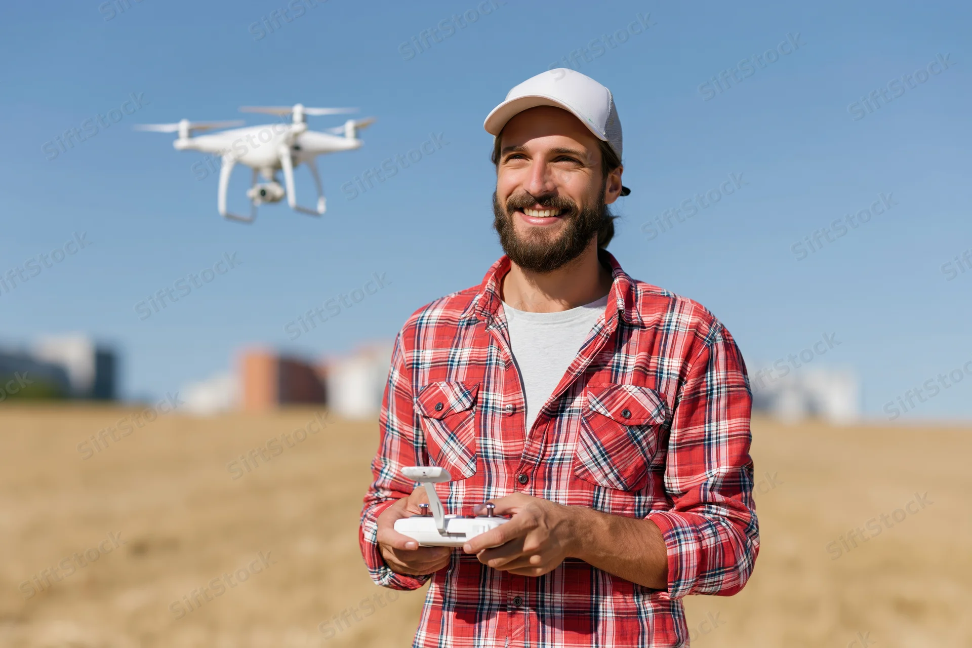 Man smiling while flying drone with remote in open field