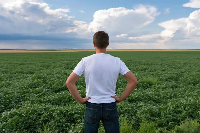 Man standing with hands on hips facing a green soybean field in rural countryside