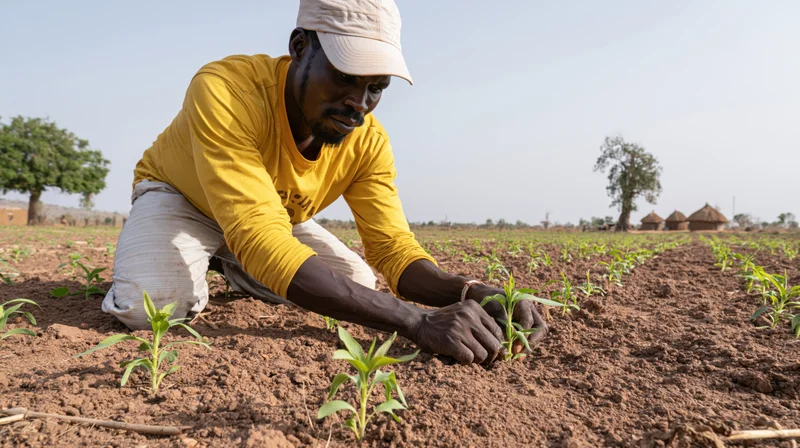 Man planting maize seedlings in a rural field while kneeling in the soil