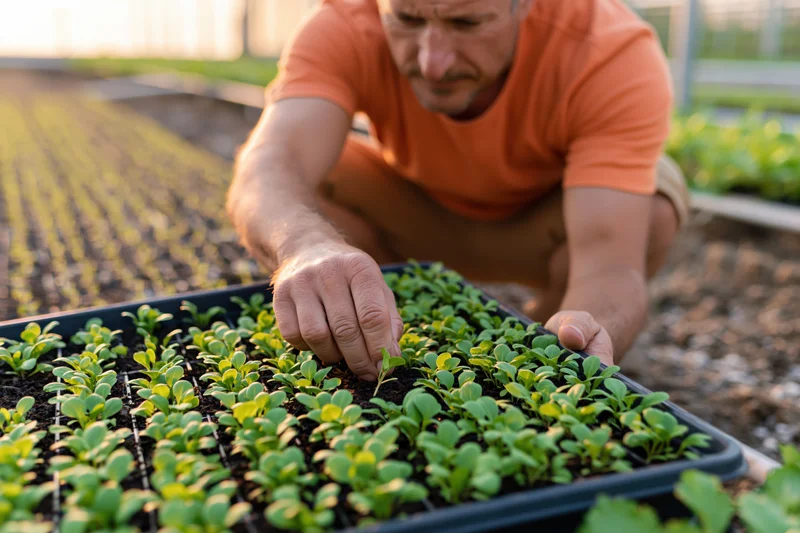 Man crouching to inspect seedlings in a tray inside a greenhouse
