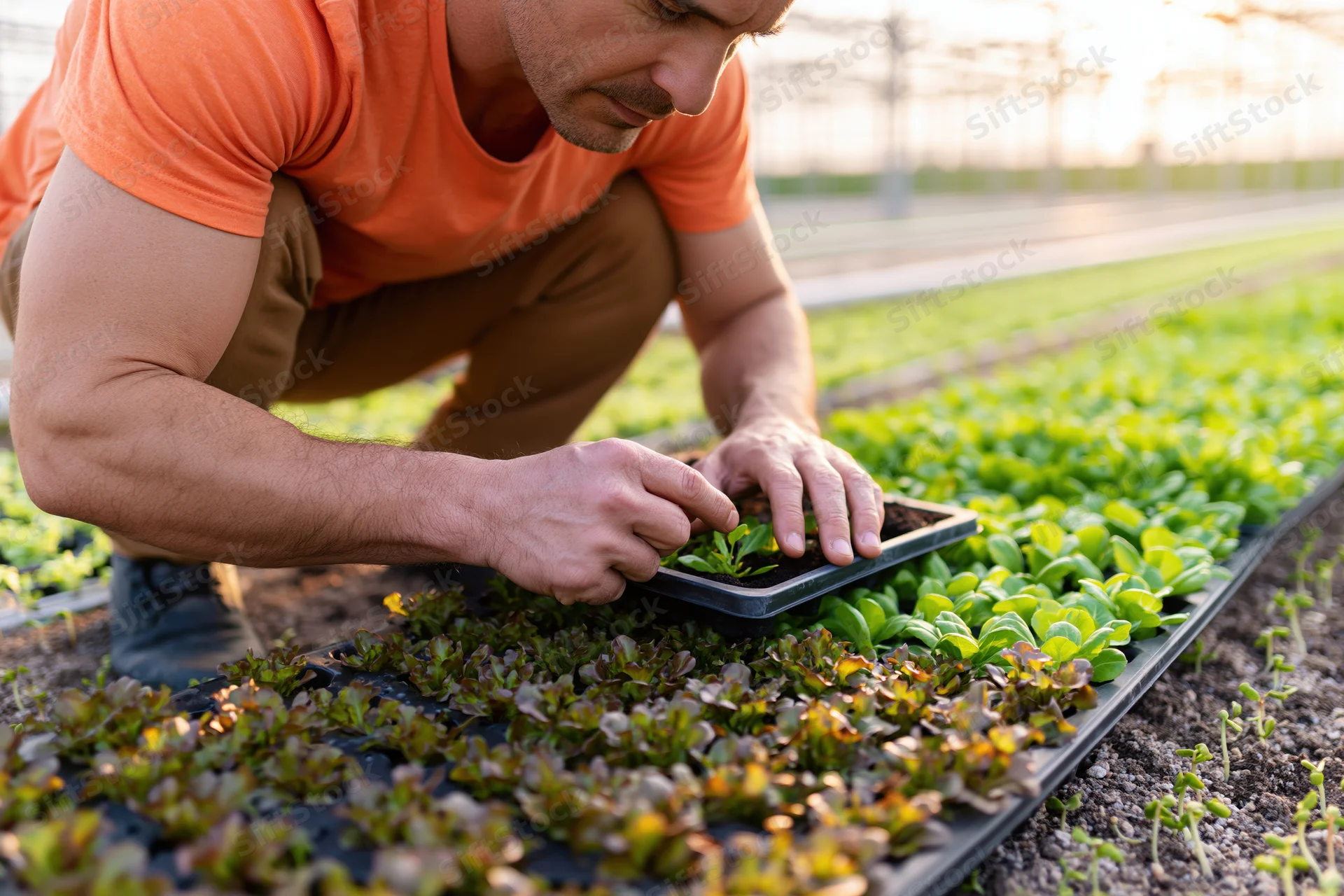 Man planting seedlings in a greenhouse tray during spring day