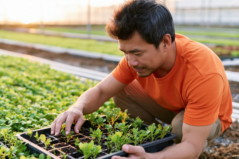 Man in orange shirt kneeling to inspect seedlings in tray at greenhouse farm