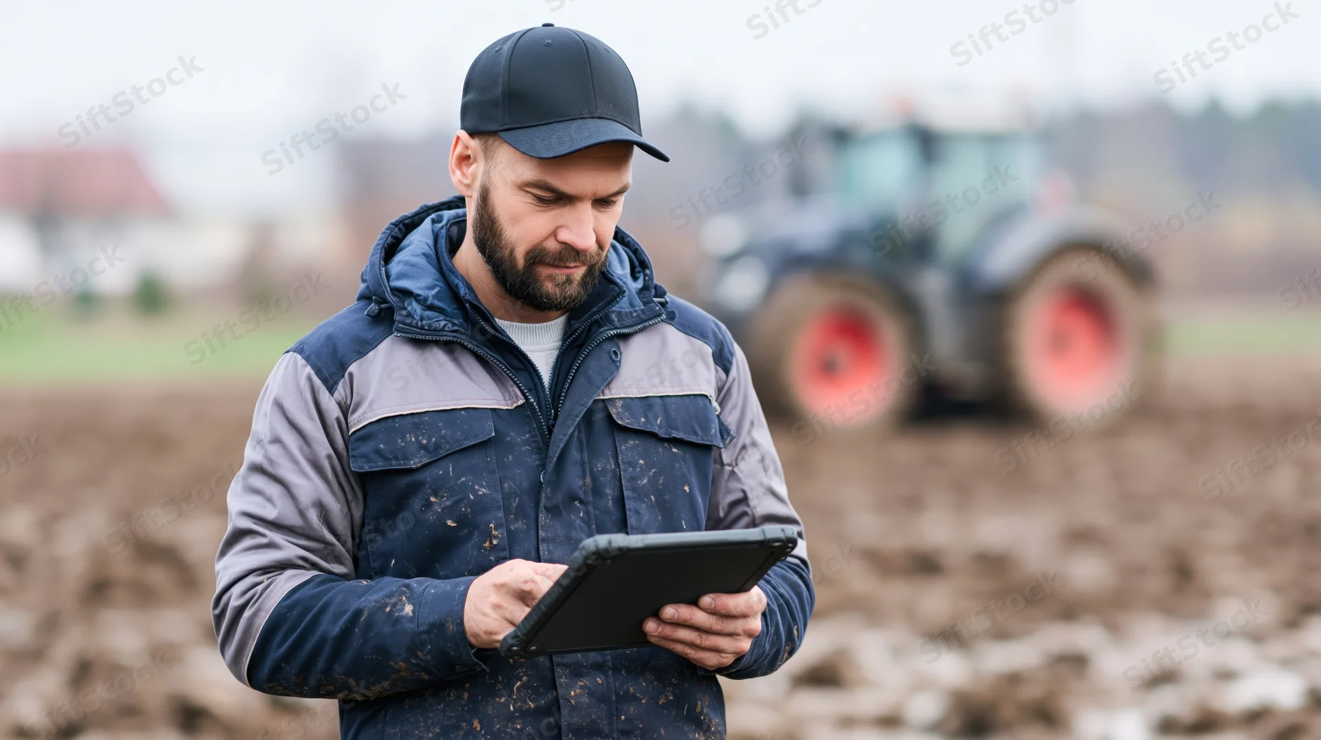 Farmer using tablet in field with tractor in background