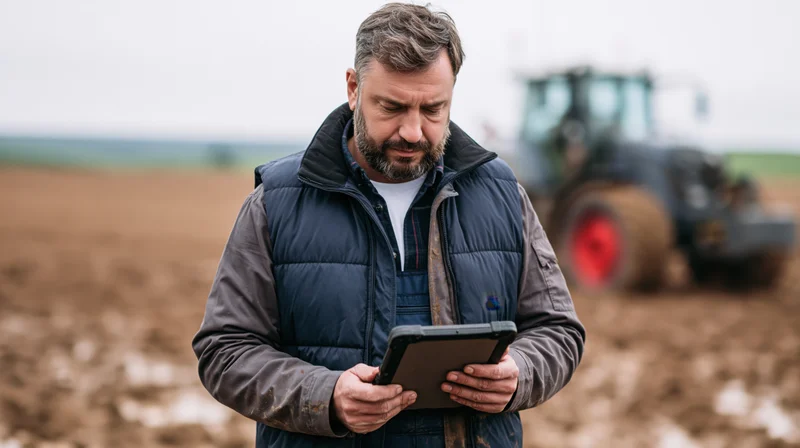 Farmer using tablet in field with tractor in background