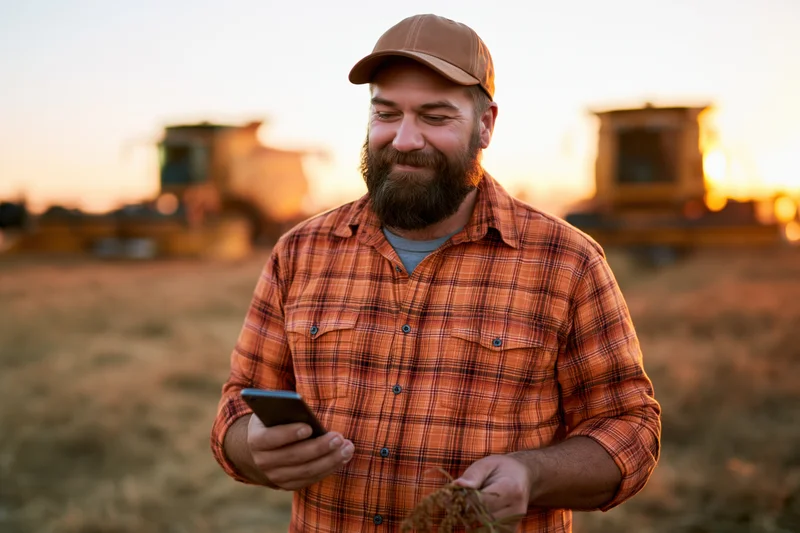 Farmer holding smartphone and wheat stalk in field at sunset with tractors in background