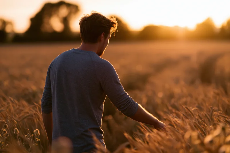 Man walking through wheat field at sunset, hand touching stalks, back to camera