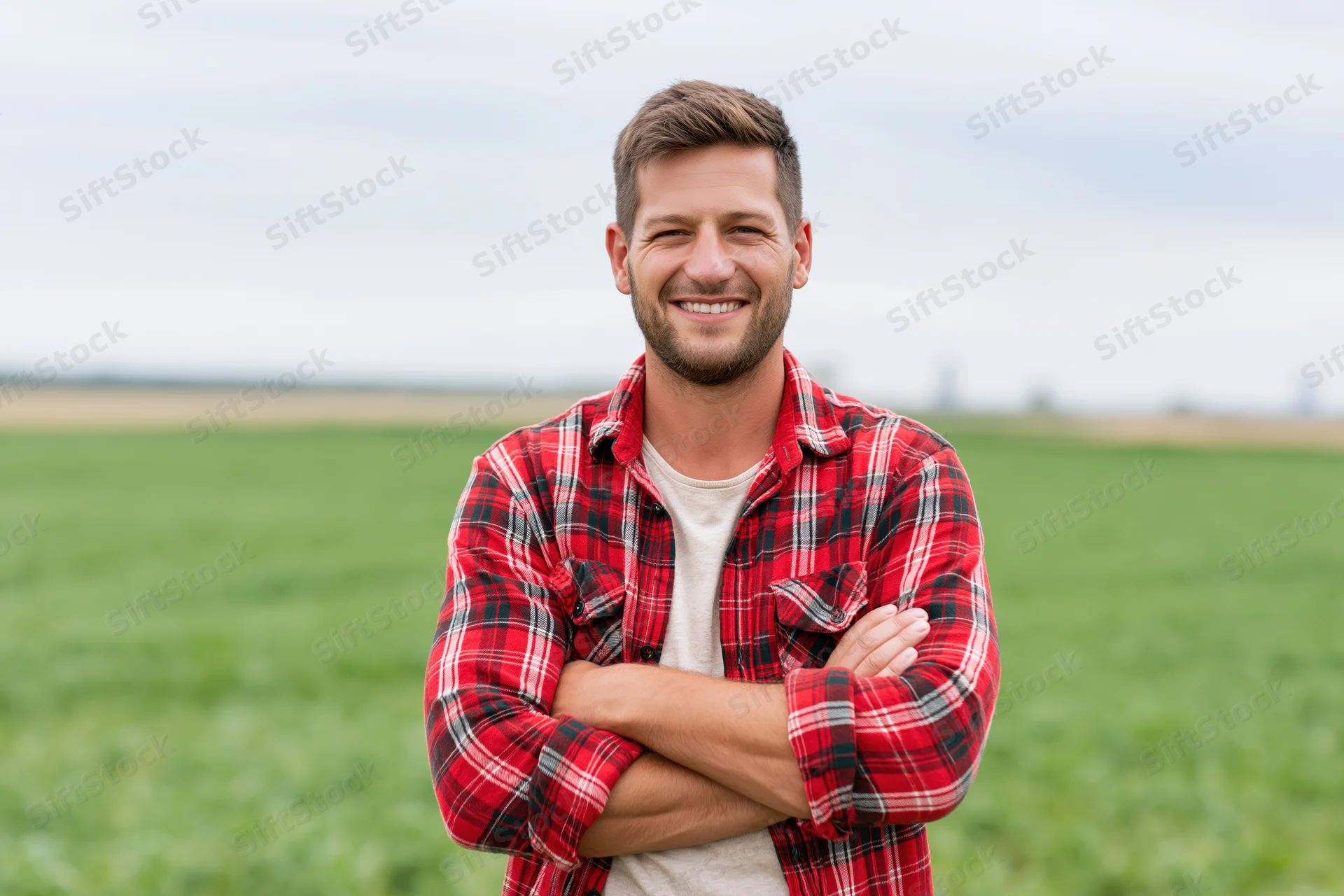 Smiling farmer with arms crossed standing in a green field