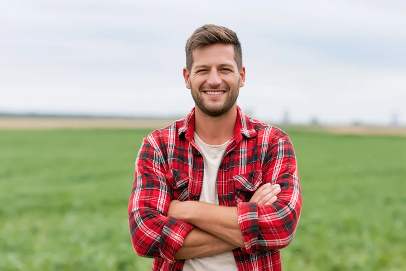 Smiling farmer with arms crossed standing in a green field