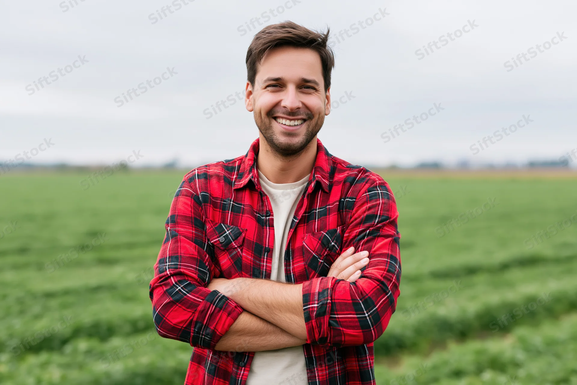 Smiling man in red plaid shirt standing with arms crossed in a green crop field