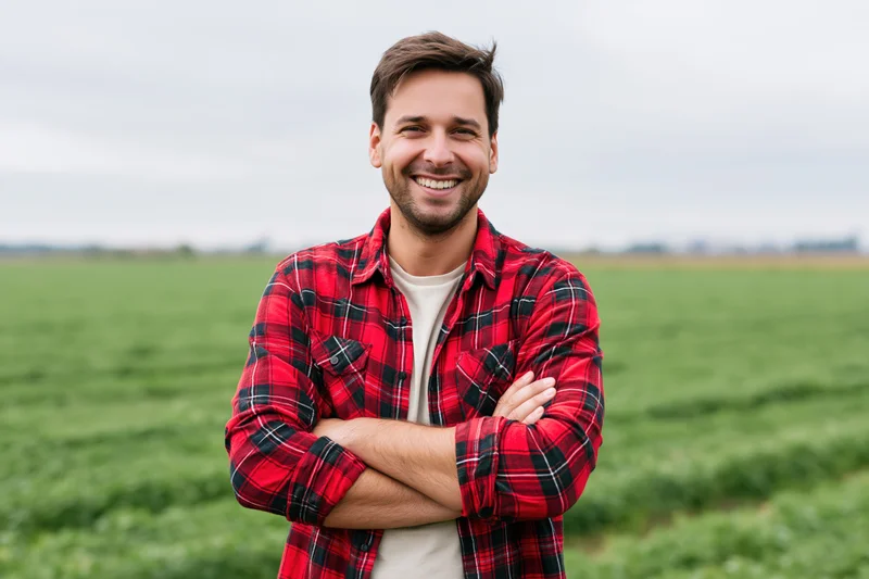 Smiling man in red plaid shirt standing with arms crossed in a green crop field