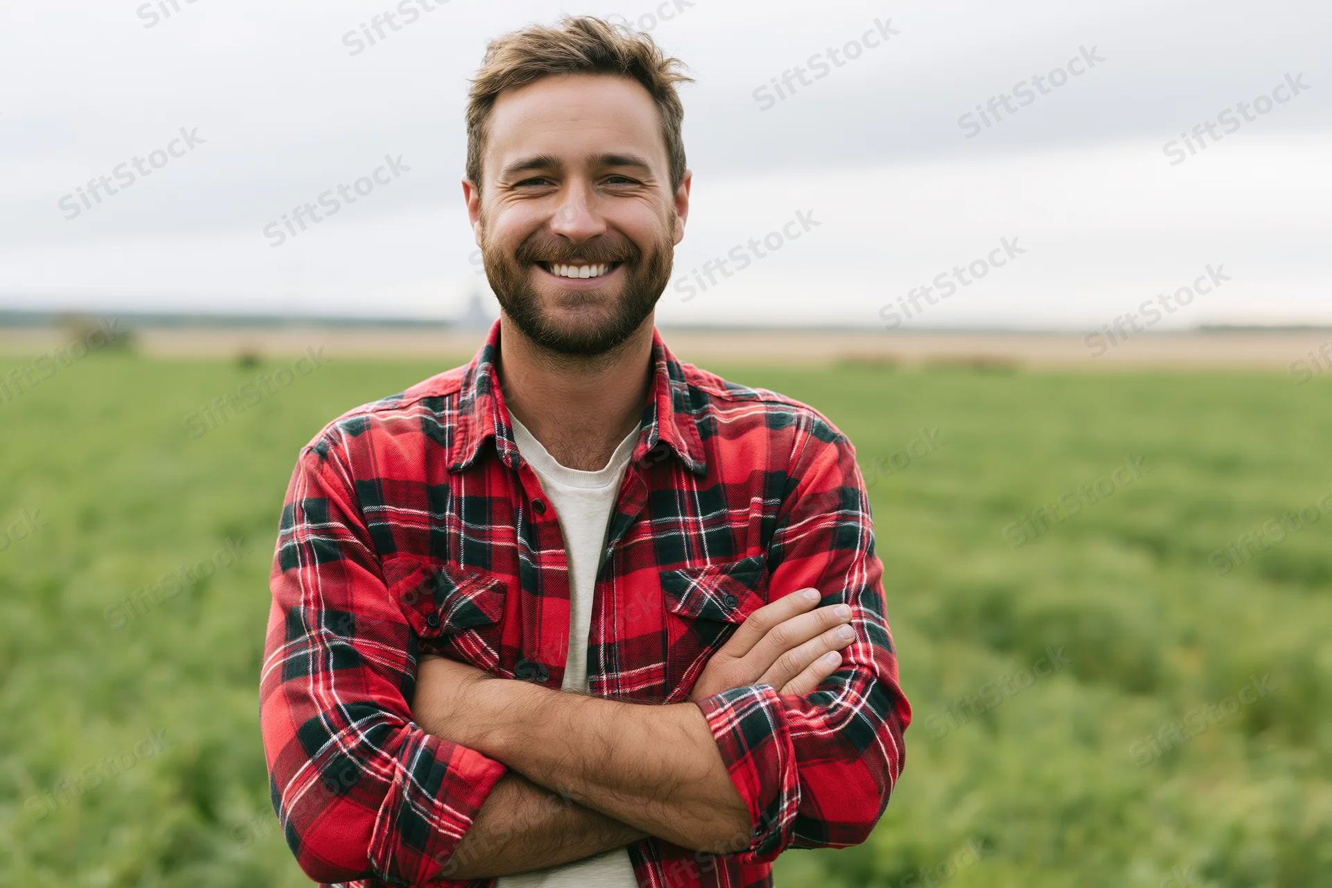 Smiling man with arms crossed standing in a green field