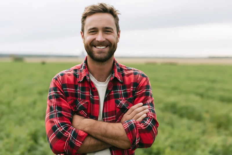 Smiling man with arms crossed standing in a green field