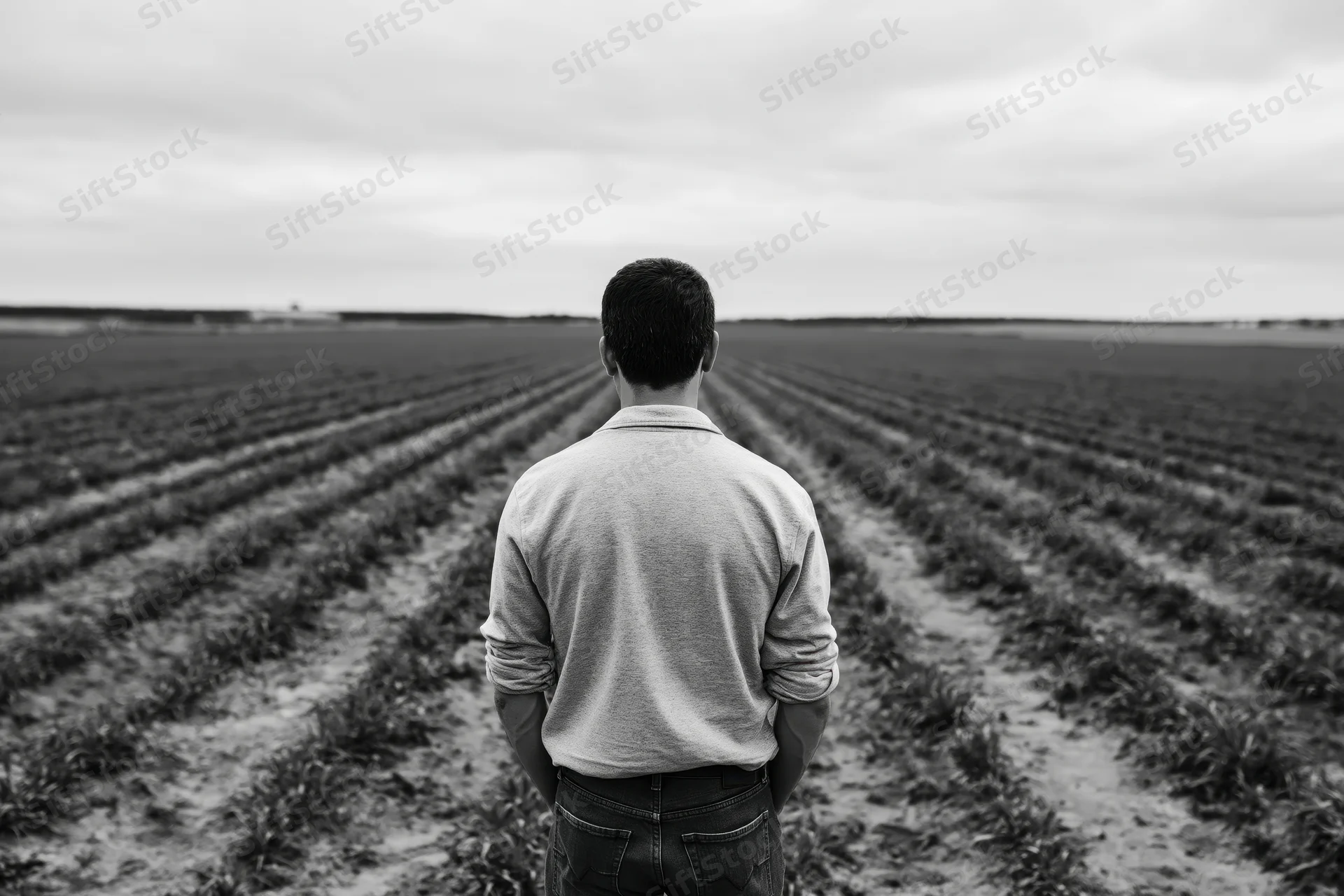 Man standing with back to camera in a vast crop field under an overcast sky