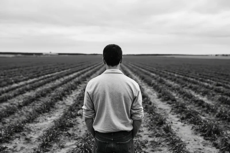 Man standing with back to camera in a vast crop field under an overcast sky