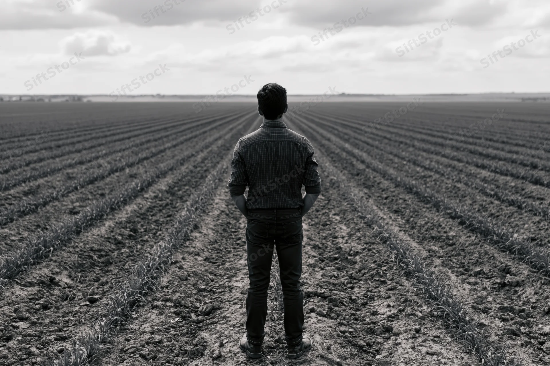 Man standing with hands in pockets in a plowed crop field facing horizon