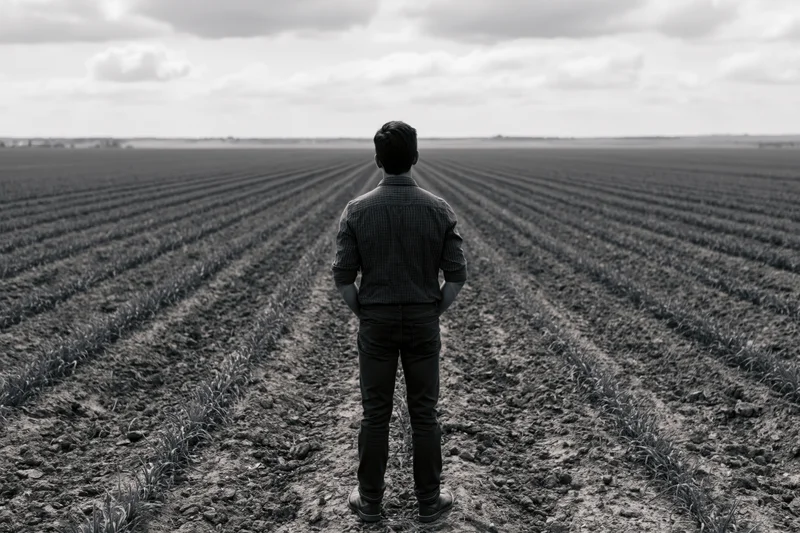 Man standing with hands in pockets in a plowed crop field facing horizon