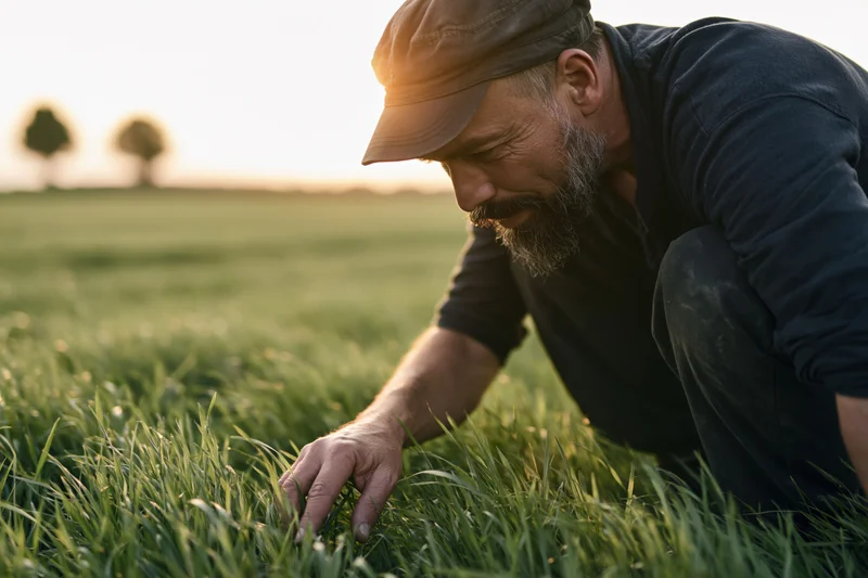 Man in cap crouching to inspect grass in a field at sunset