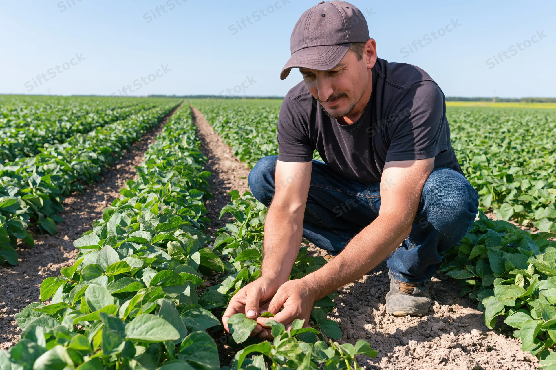 Farmer inspecting soybean plants in a field