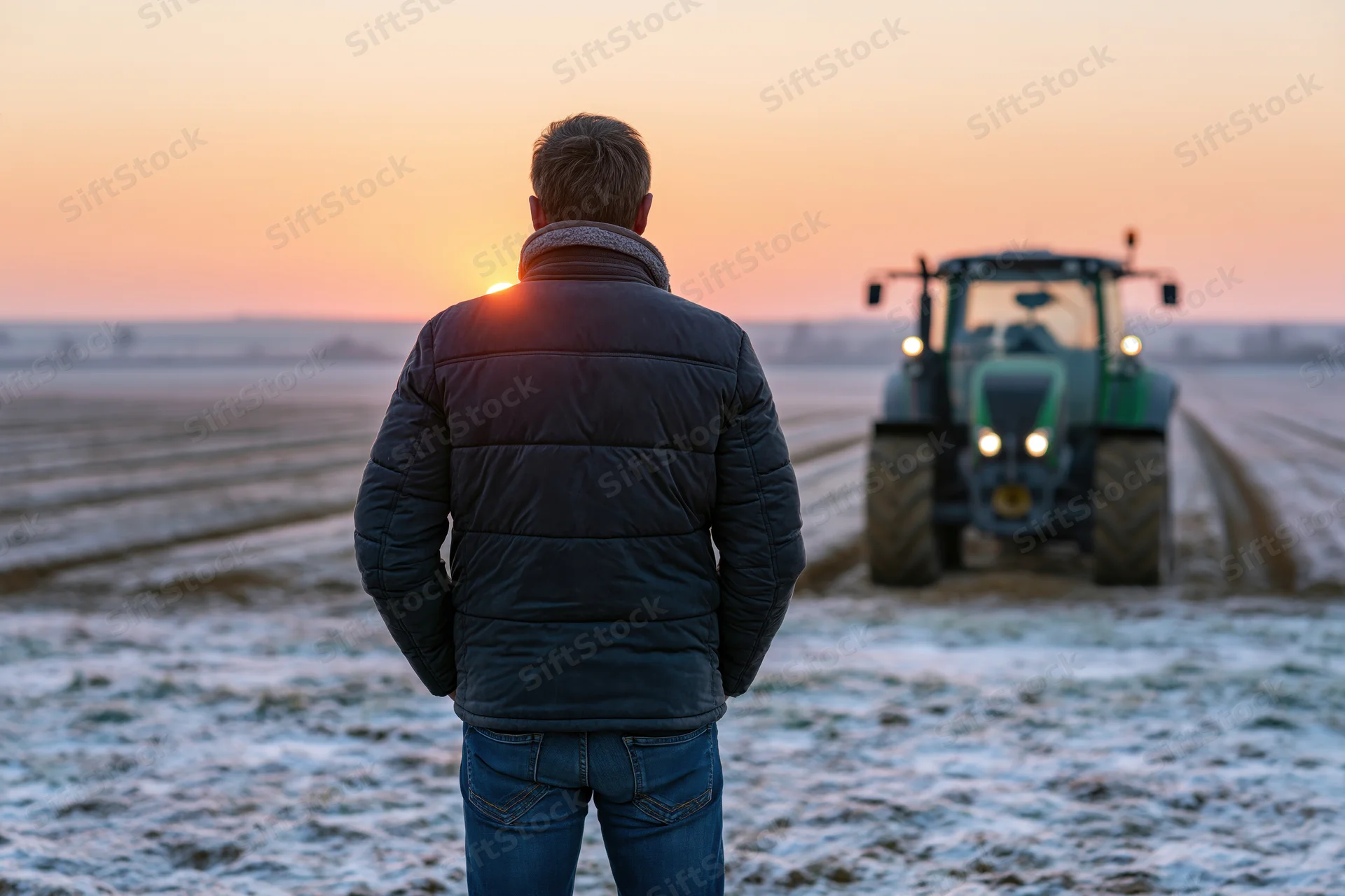 Man in jacket standing in snowy field facing tractor at sunset