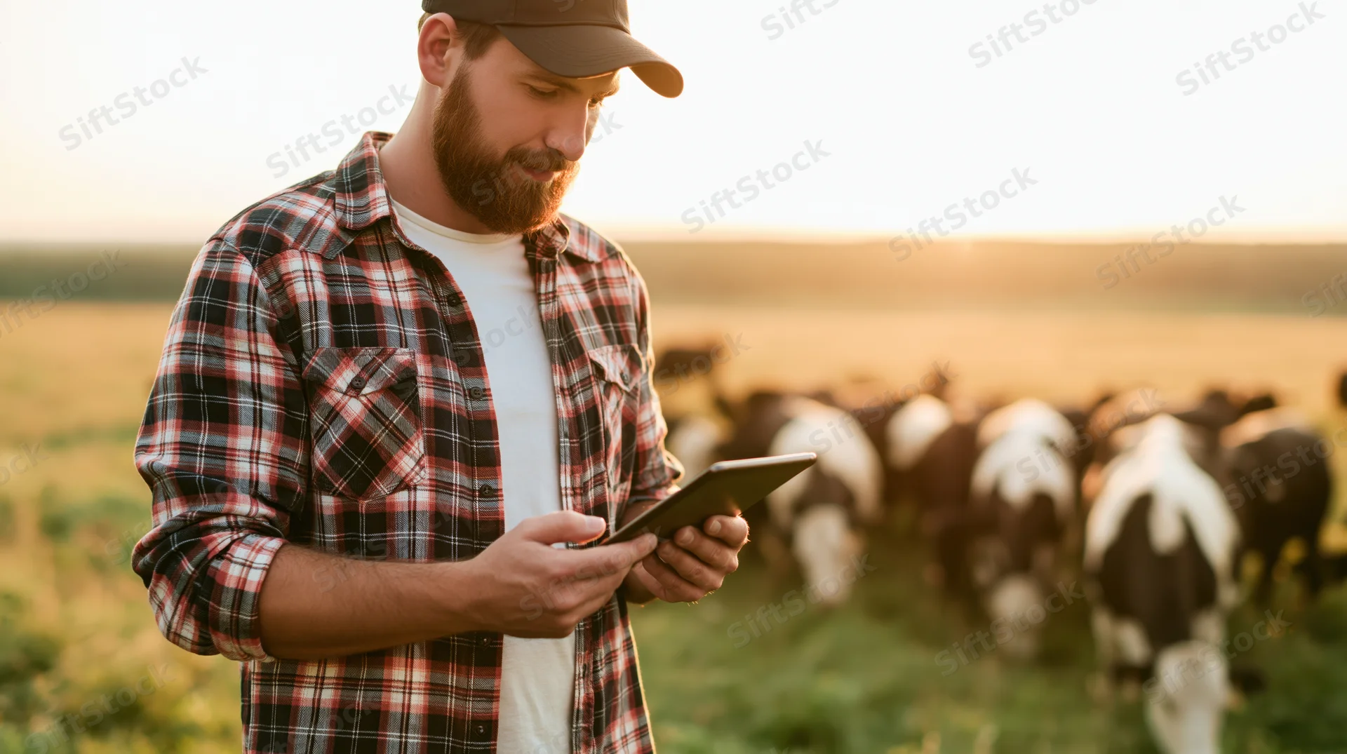 Farmer using tablet in field with cattle in background