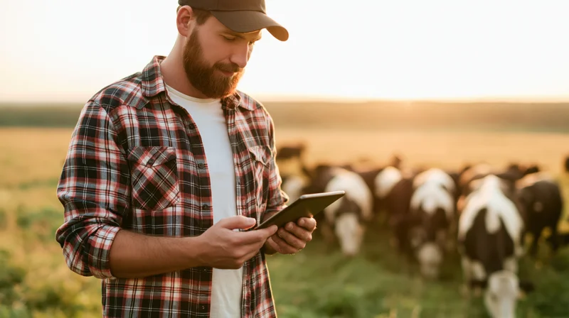 Farmer using tablet in field with cattle in background
