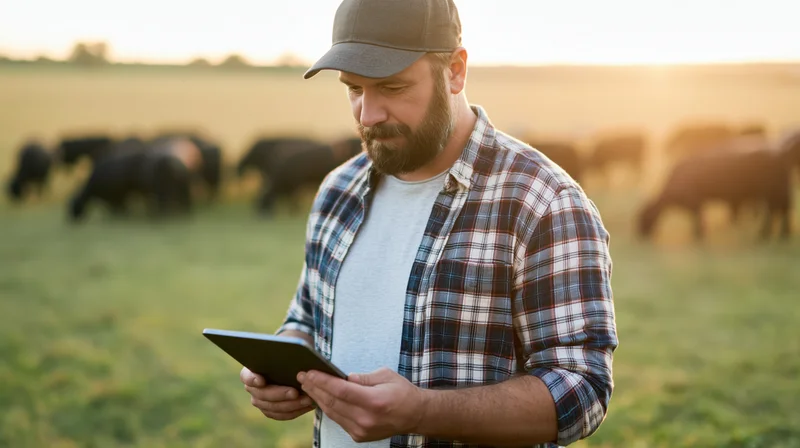 Farmer using tablet in field with cattle grazing at sunset