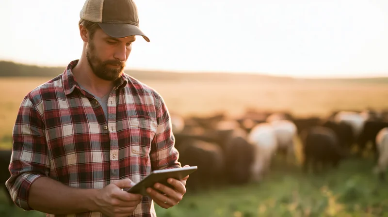 Farmer using tablet in field with cattle herd at sunset