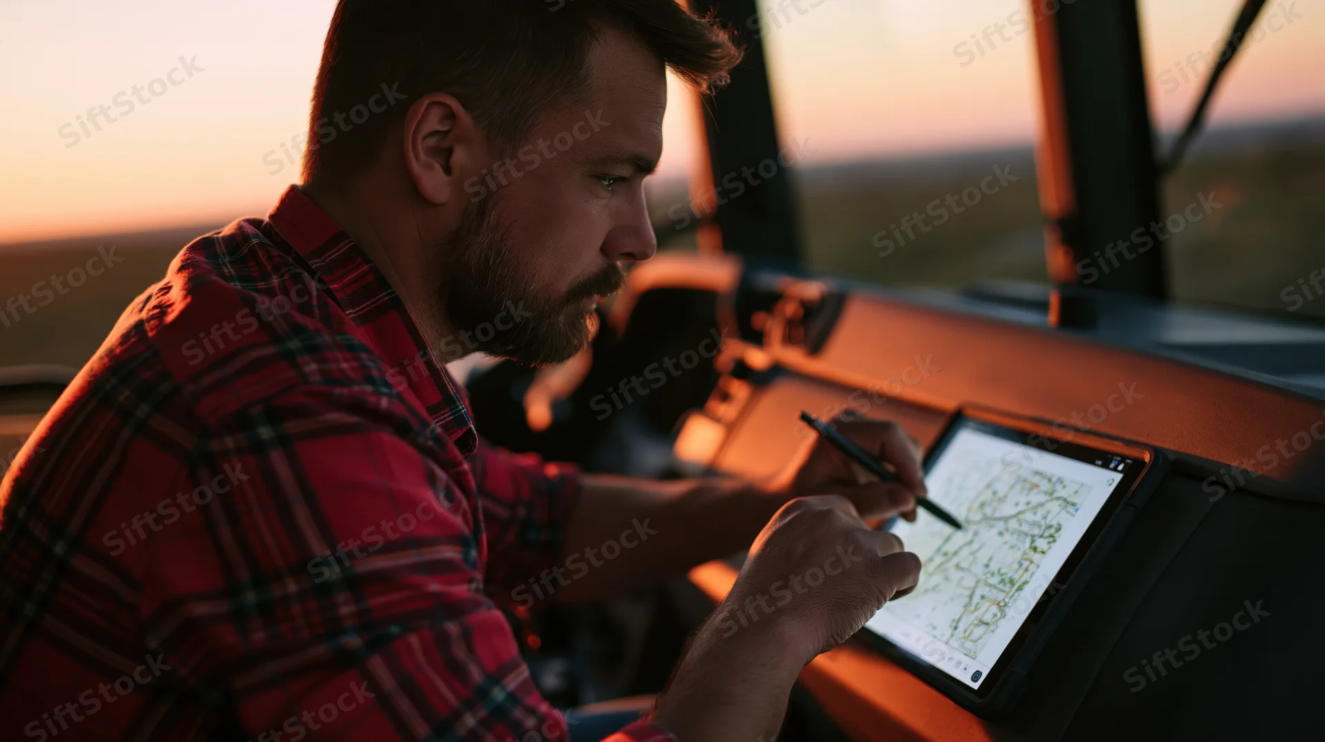 Farmer using tablet with stylus in tractor cab at sunset