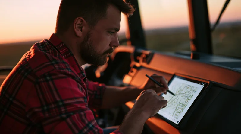 Farmer using tablet with stylus in tractor cab at sunset