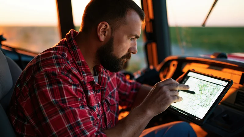 Truckdriver using tablet with digital map in truck cab at sunset