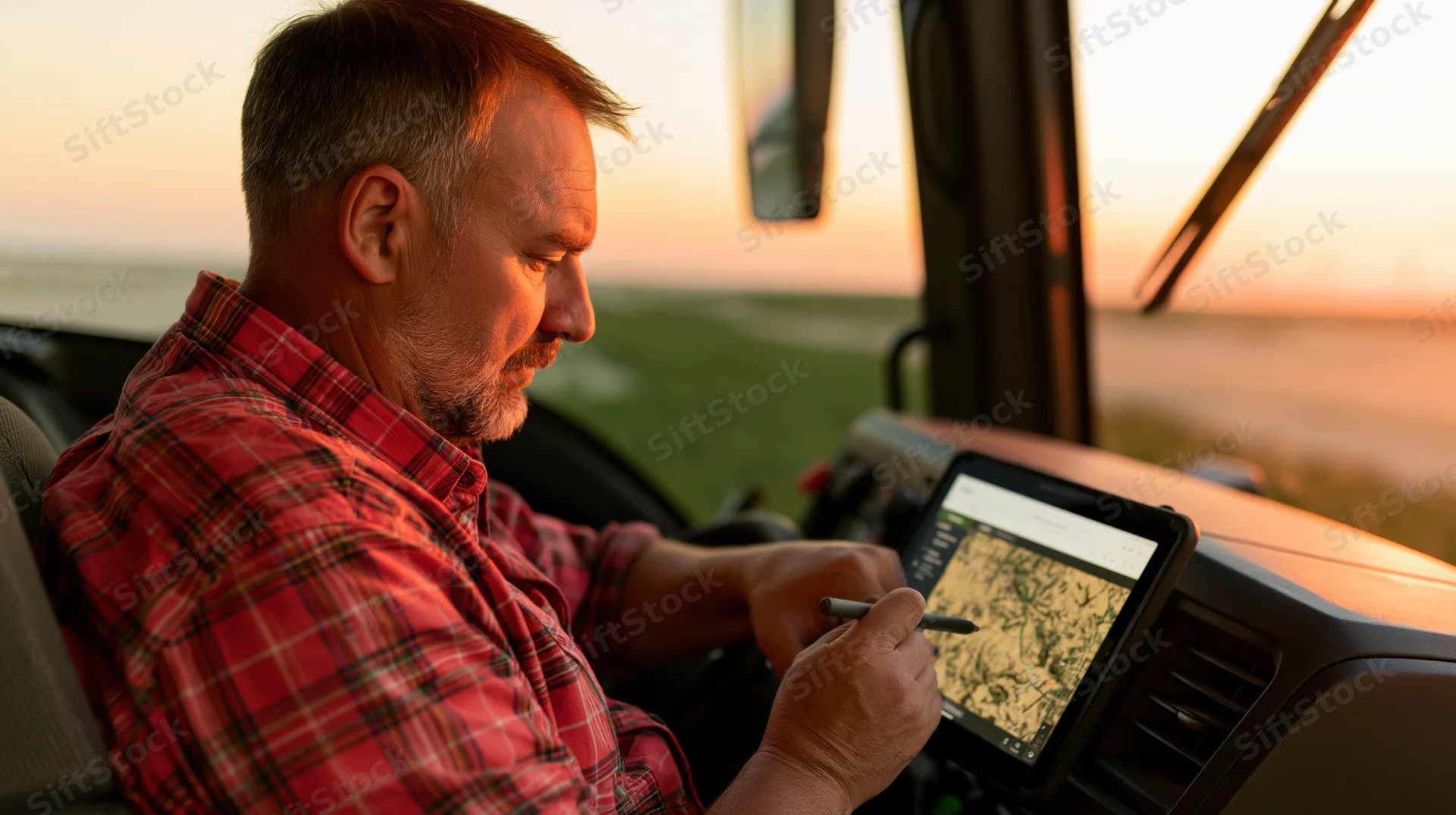 Farmer using digital tablet with gps navigation in tractor cab at sunset
