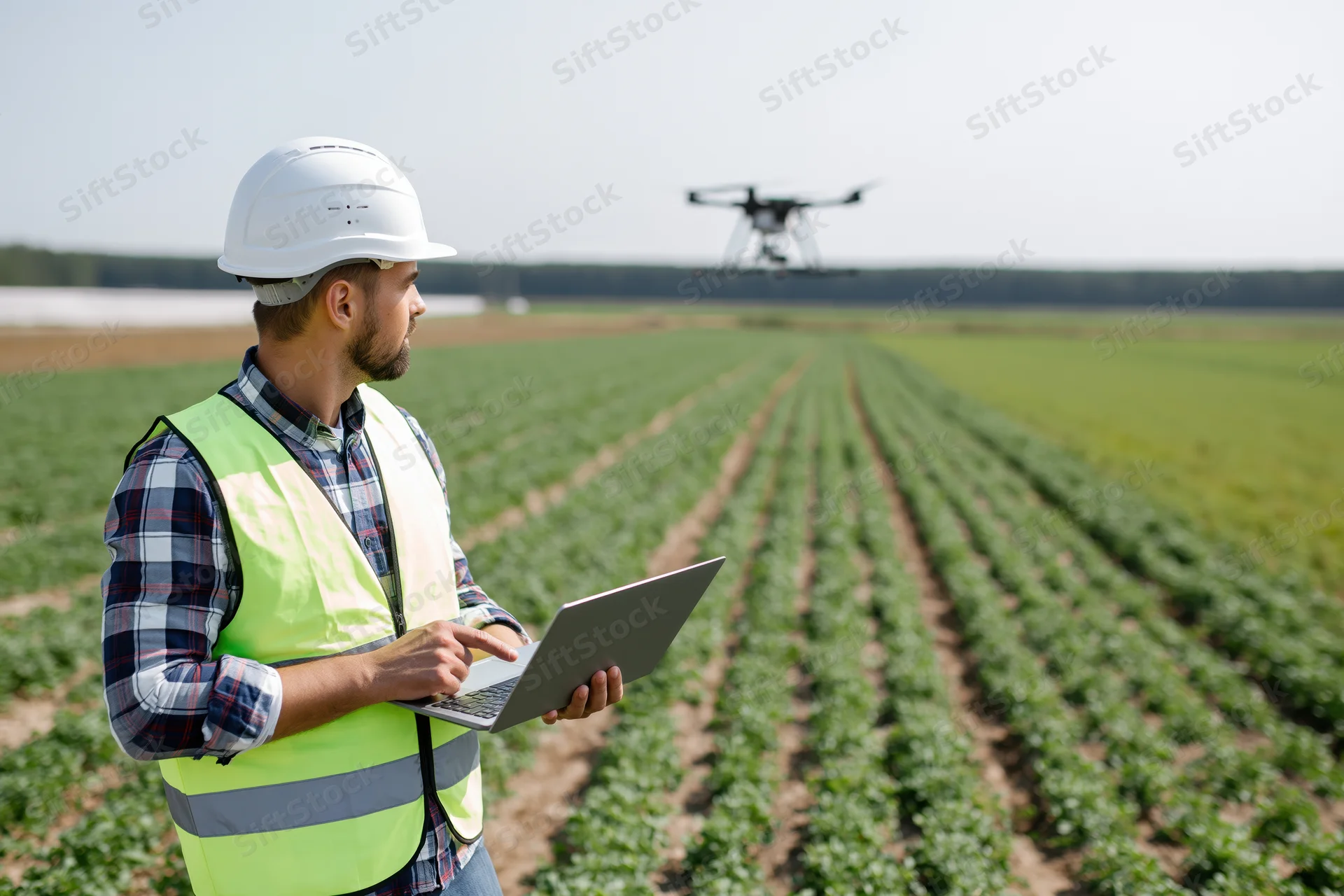Man in safety vest using laptop to control drone over crop field