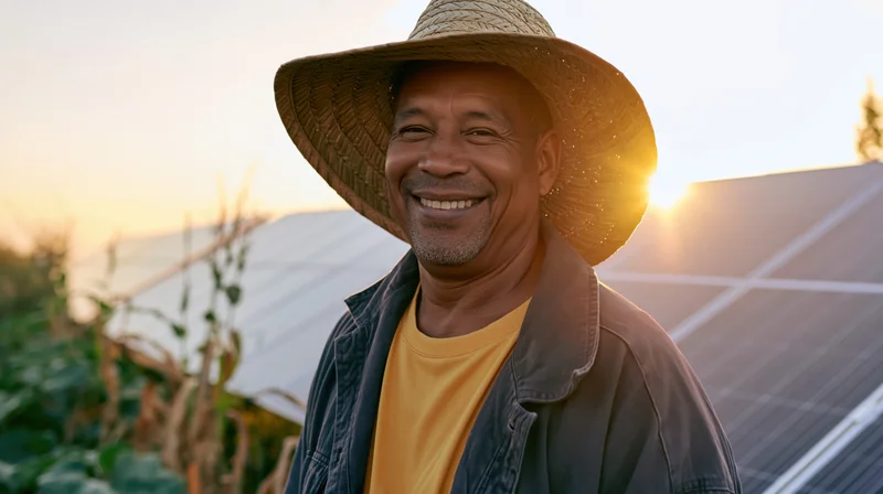 Smiling black man in straw hat standing in a field with solar panels at sunset
