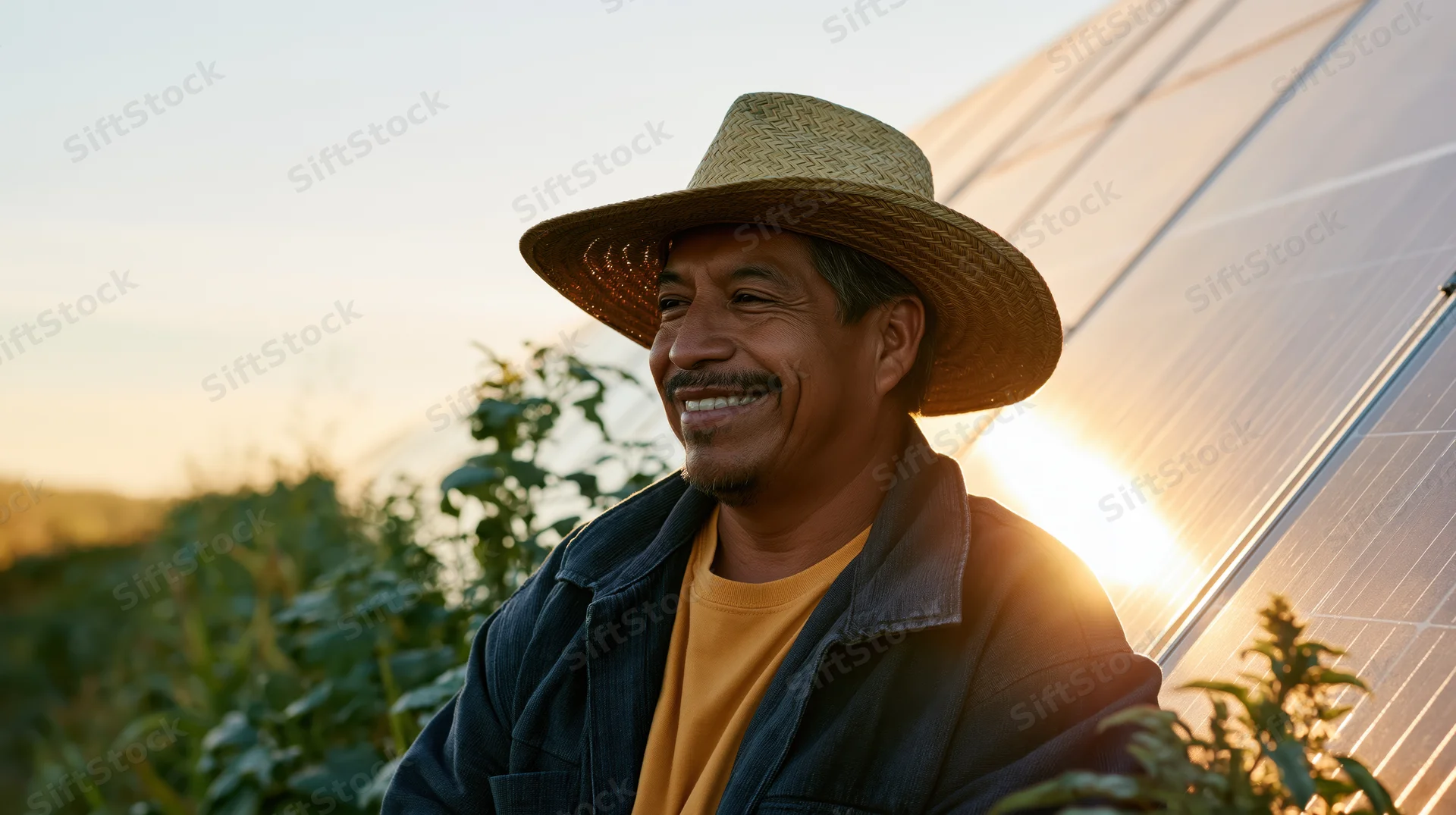 Smiling farmer in straw hat standing in a field with solar panels at sunset