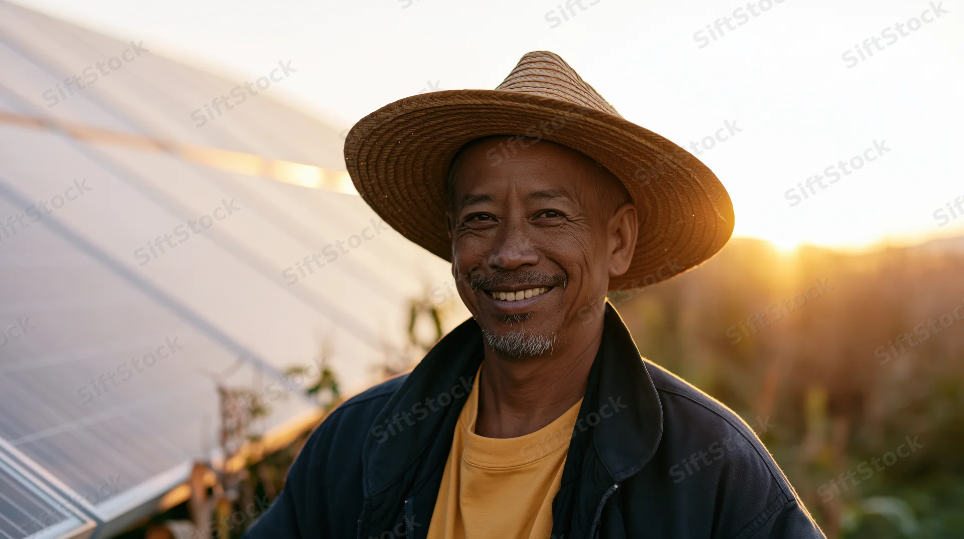 Smiling senior black man in straw hat standing in front of solar panels at sunset in rural field