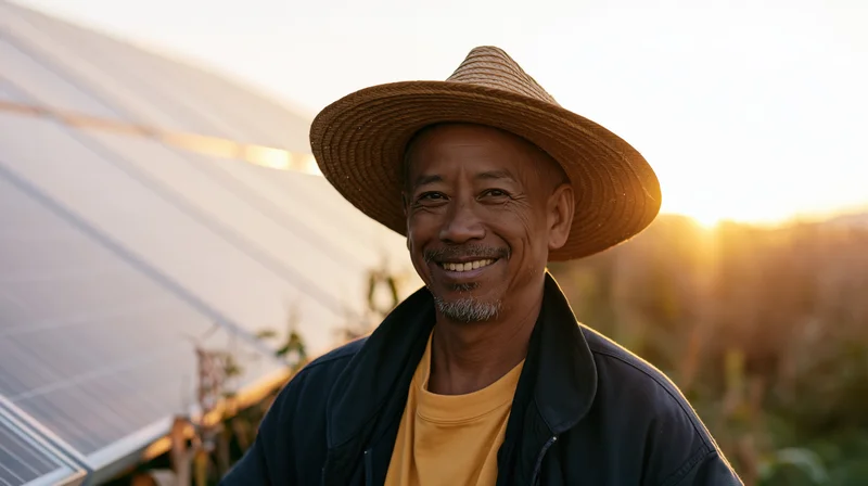 Smiling senior black man in straw hat standing in front of solar panels at sunset in rural field