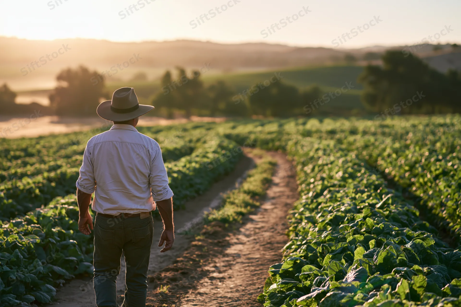 Farmer walking along a dirt path between rows of cabbage crops in a rural field at sunset