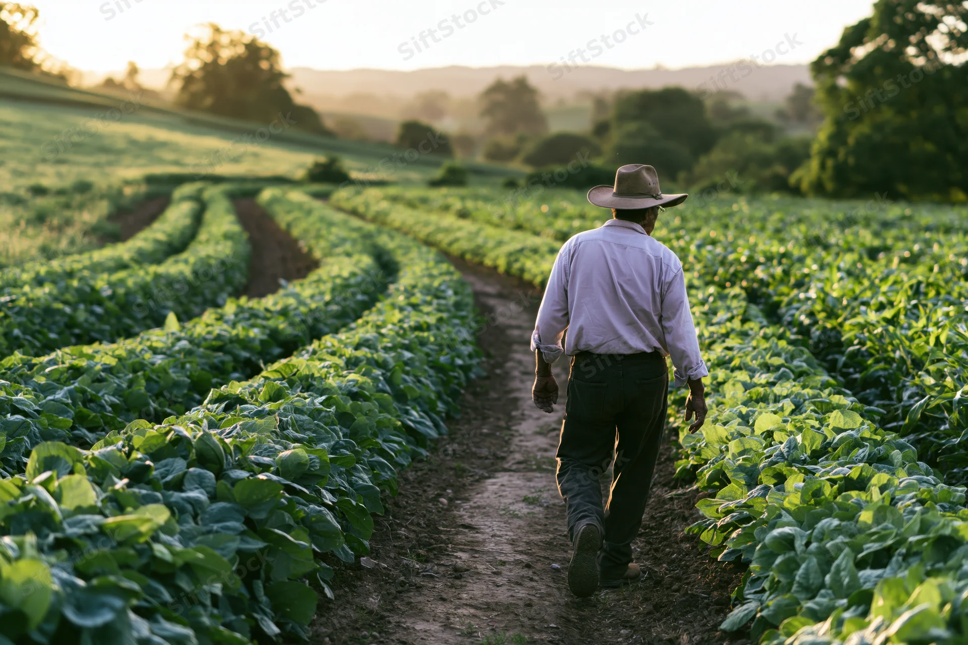 Man walking through rows of soybean plants in a field at sunset