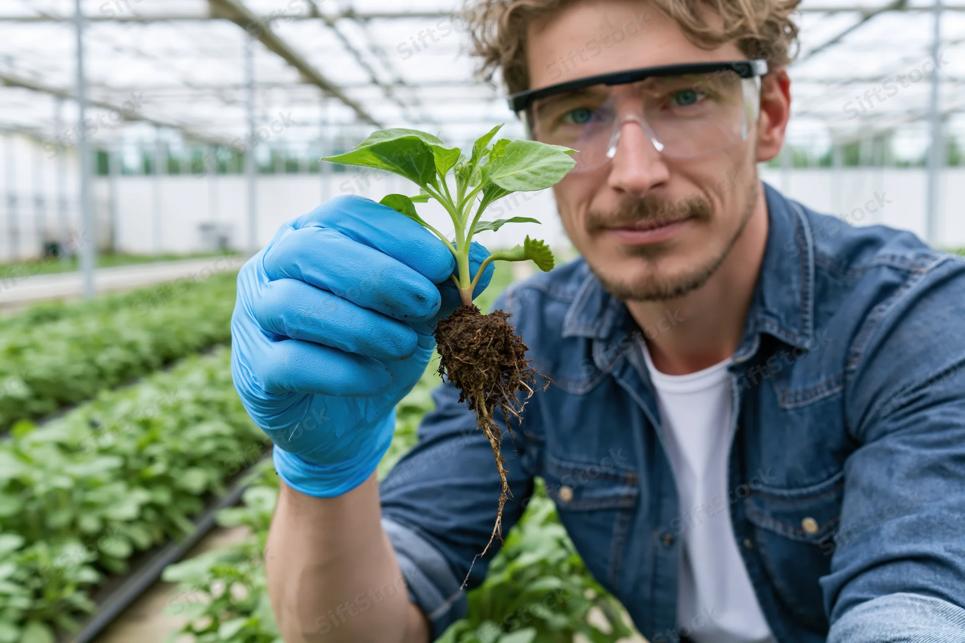 Man holding seedling with roots in greenhouse, wearing safety goggles and blue gloves