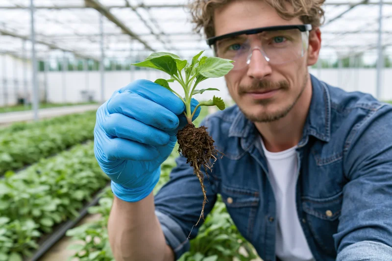 Man holding seedling with roots in greenhouse, wearing safety goggles and blue gloves